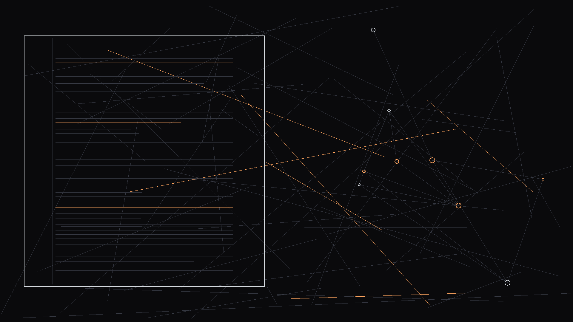 Overhead diagram of a dinner table showing seating positions and character dynamics; dark mode technical sketch, thin white lines on black background