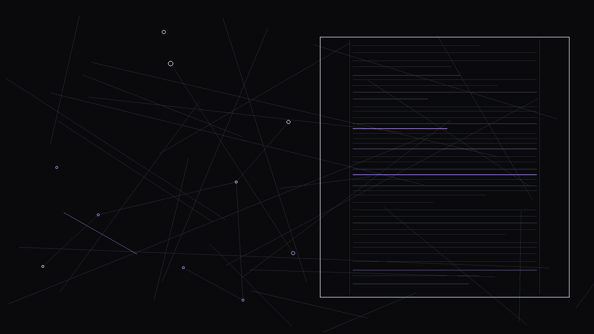 Script excerpt with dialogue and micro-action interleaved; dark mode technical sketch, thin white lines on black background