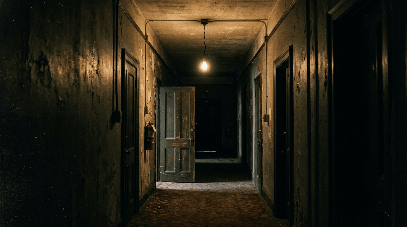 Empty hallway, door ajar; cinematic film still