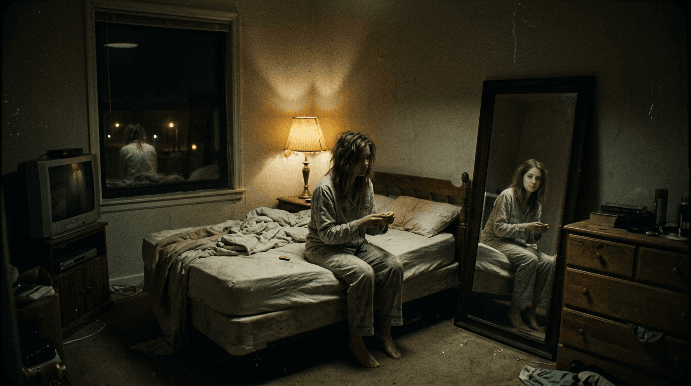 Cinematic 35mm film still: uncanny bedroom mirror, dreamlike grain