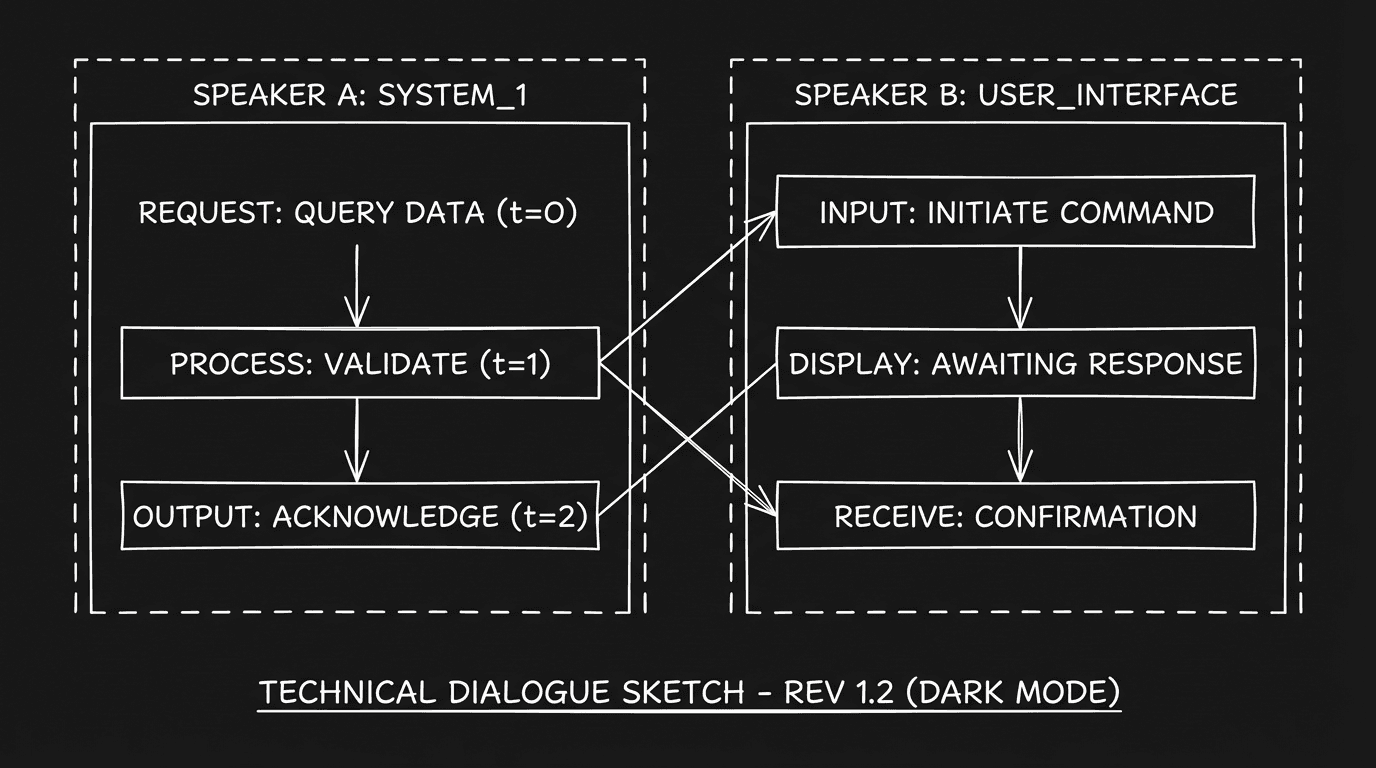 Two-column dialogue layout with character names; dark mode technical sketch