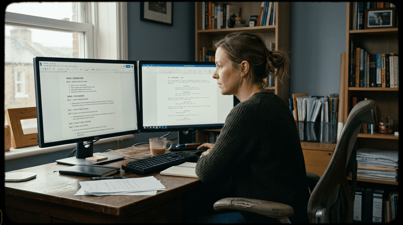 Cinematic workflow still, first angle, 35mm film grain