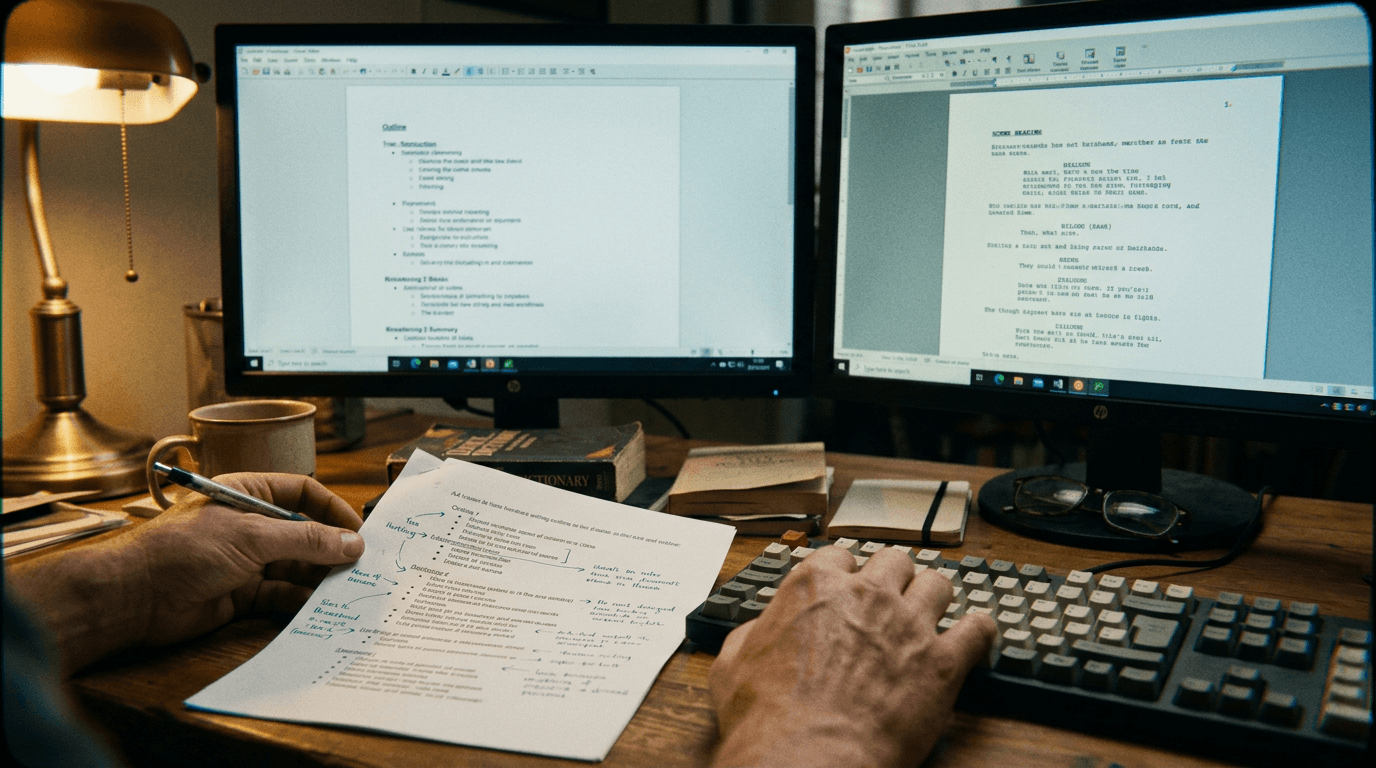 Cinematic workflow still, second angle, 35mm film grain