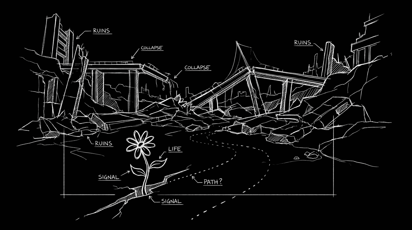 Post-apocalyptic with one fresh detail; dark mode technical sketch