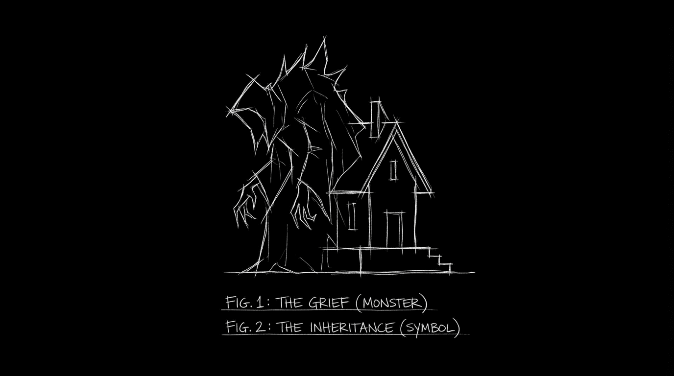 Monster and metaphor as one shape; dark mode technical sketch