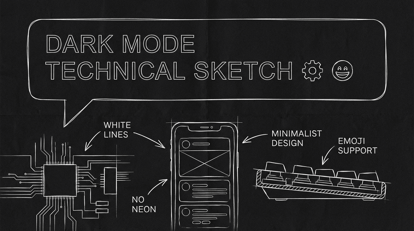 Text bubble with emoji; script line describing it; dark mode technical sketch