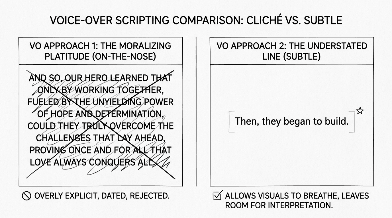 A comparison of on-the-nose vs subtle voice-over endings; dark mode technical sketch, thin white lines on black background