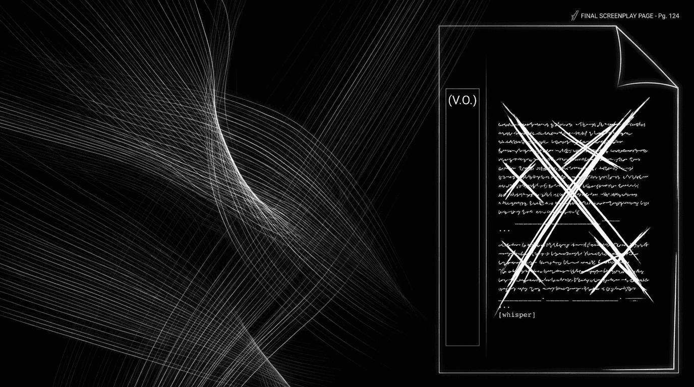 Dark mode technical sketch: script showing final voice-over with restraint annotations; thin white lines on black