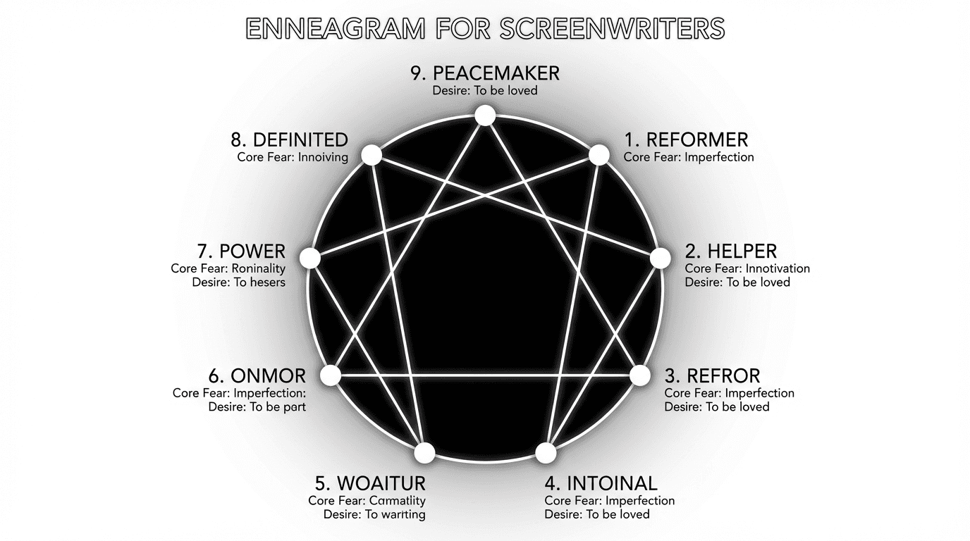 Enneagram for screenwriters: nine points on a circle, thin white lines on black; dark mode technical sketch