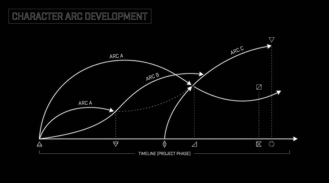 Multiple character arcs on one timeline; dark mode technical sketch