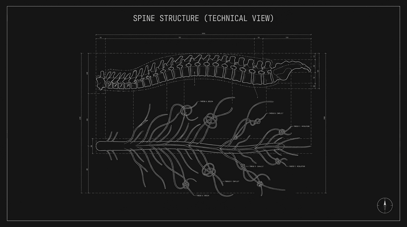 Spine with character threads; dark mode technical sketch