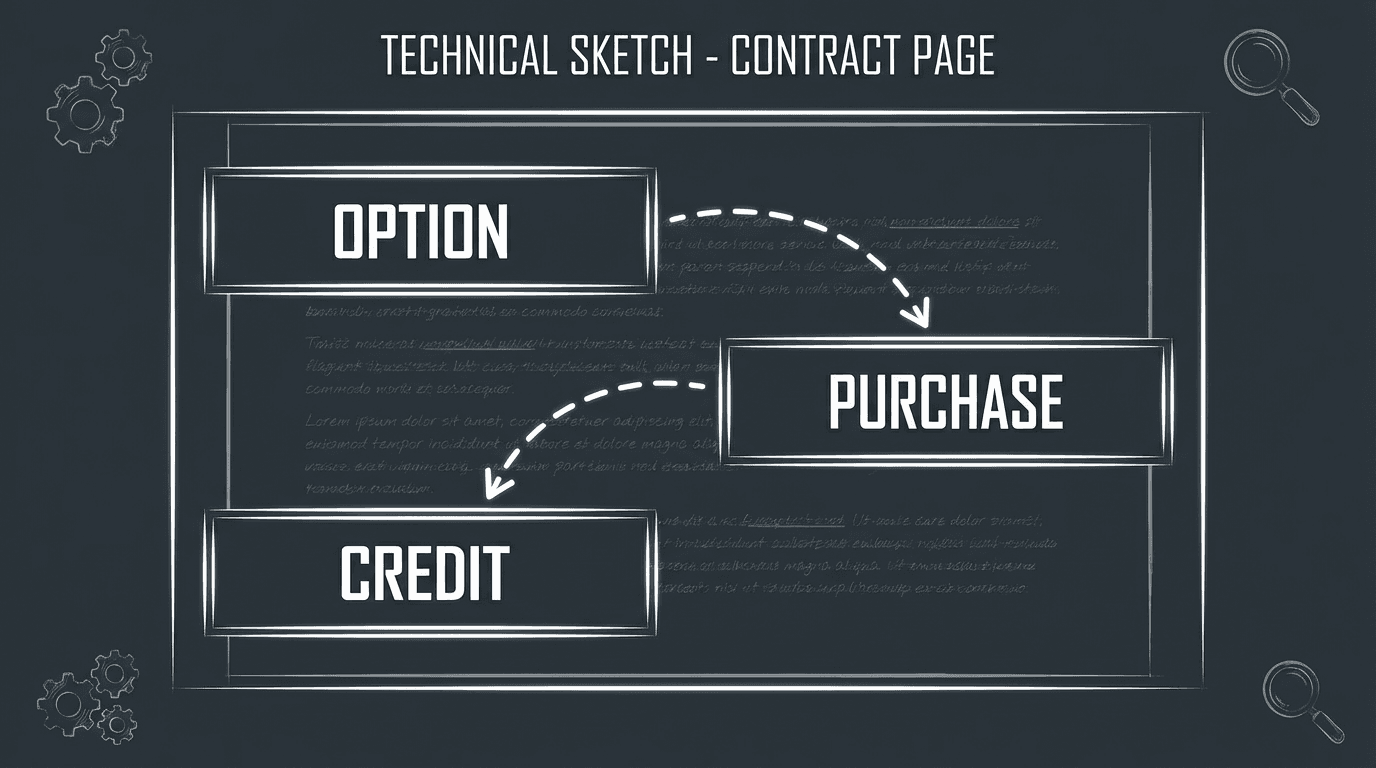 Contract with highlighted clauses; dark mode technical sketch