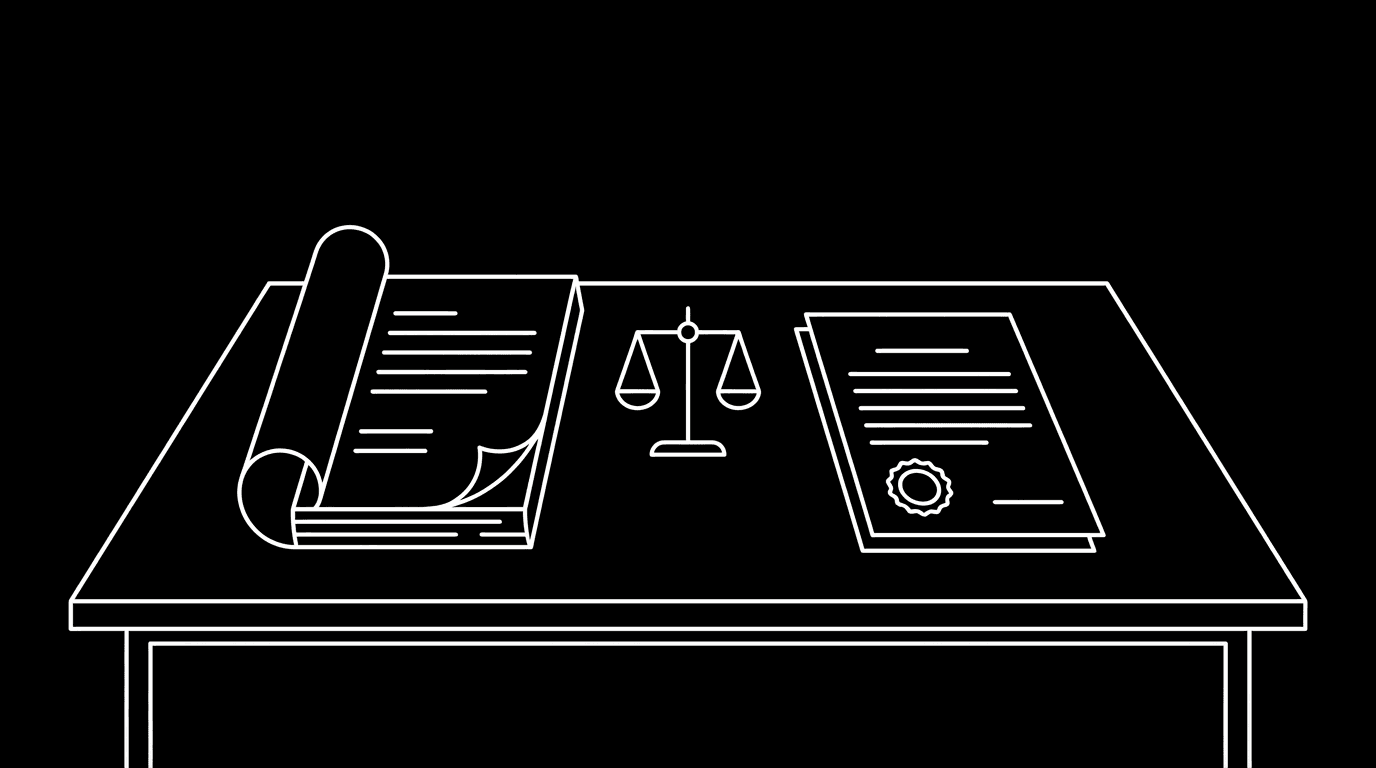 Desk: script, contract, lawyer; dark mode technical sketch, black background, thin white lines