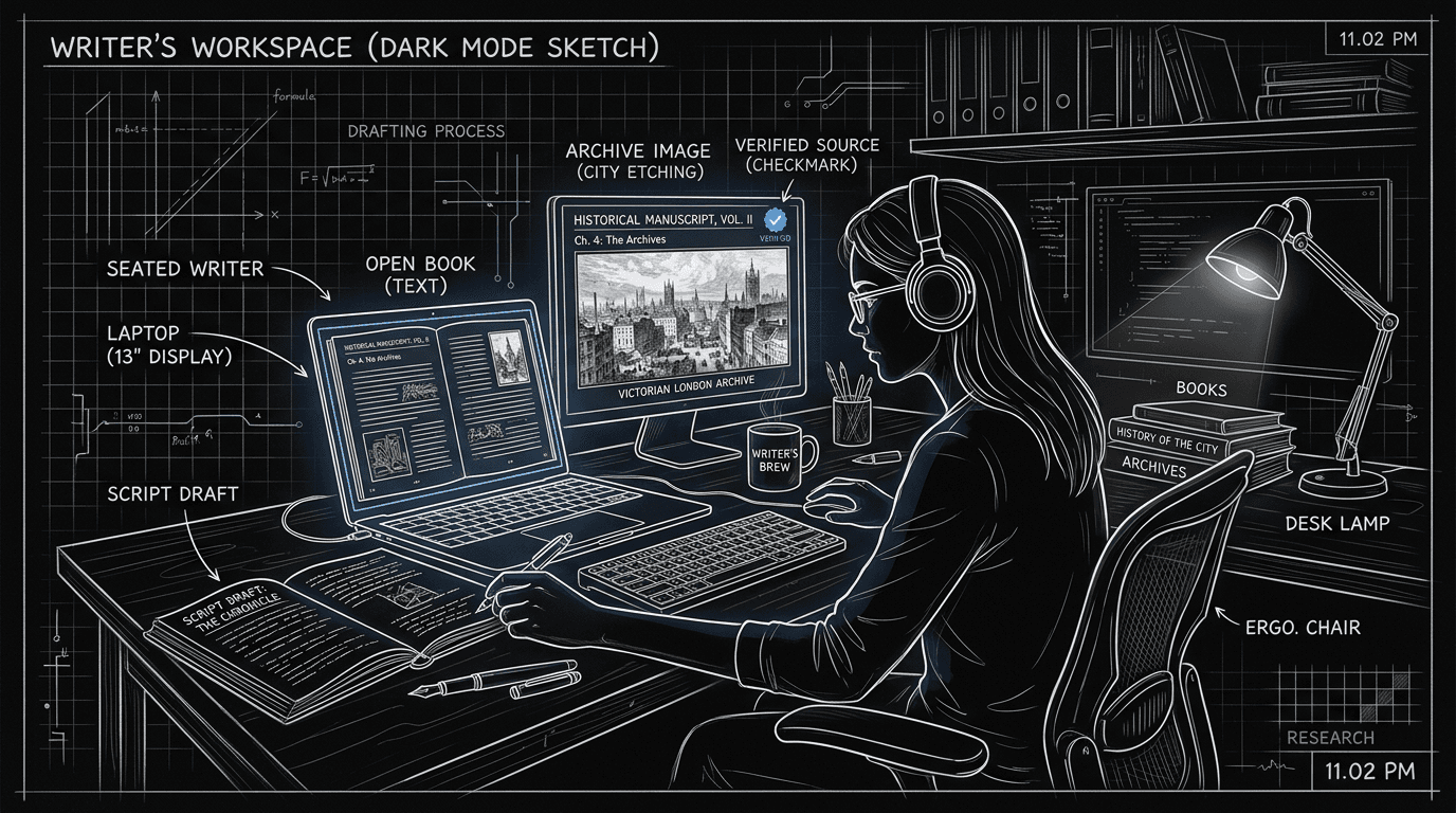Prompt: Dark Mode Technical Sketch, writer at desk with script, open book or archive image on screen, and a small "verified" checkmark, thin white lines on black --ar 16:9