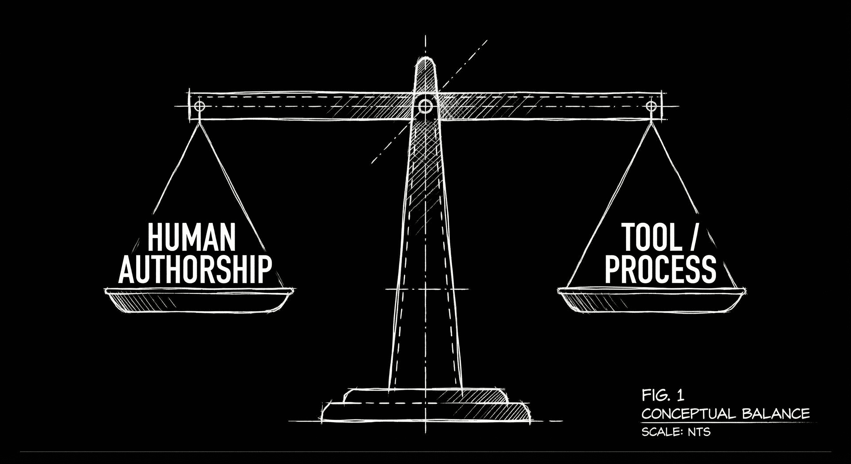 Prompt: Dark Mode Technical Sketch, balance scale with "Human authorship" on one side and "Tool / process" on the other, clean thin white lines on black, hand-drawn technical feel, no 3D renders --ar 16:9