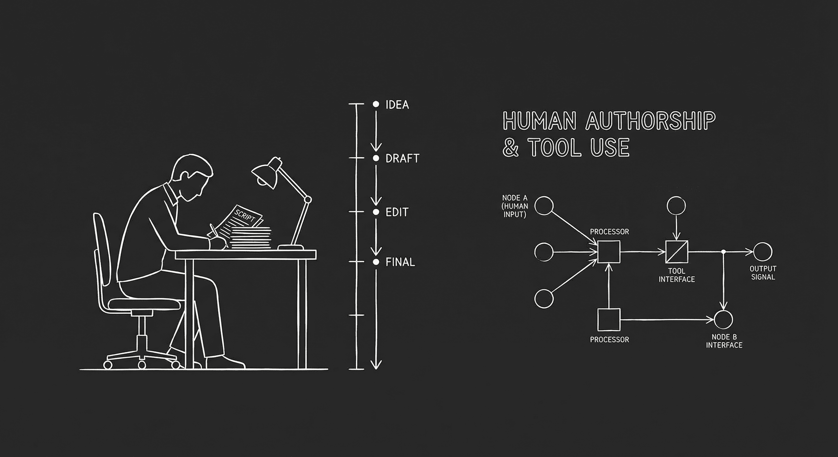 Prompt: Dark Mode Technical Sketch, single writer at desk with script and timeline on one side and a faint schematic of circuits or nodes on the other, representing human authorship and tool use; clean thin white lines on black, hand-drawn technical feel, minimalist, high-contrast --ar 16:9