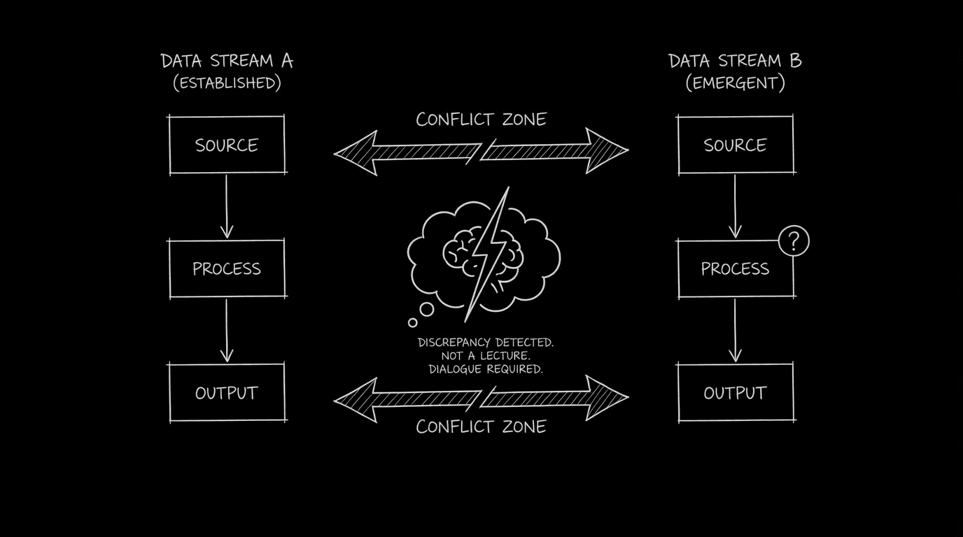 Info in conflict, not lecture; dark mode technical sketch