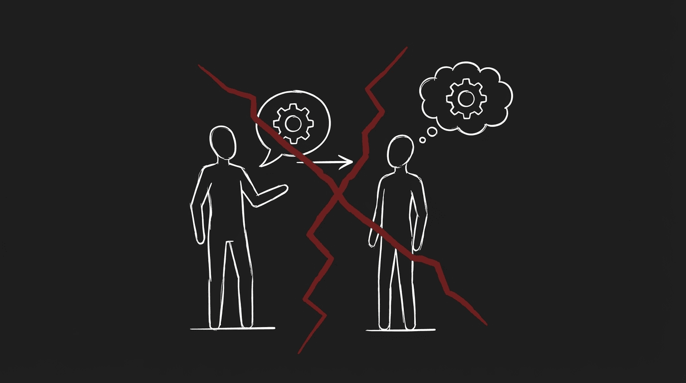 Exposition trap: two characters, one telling what both know; dark mode technical sketch