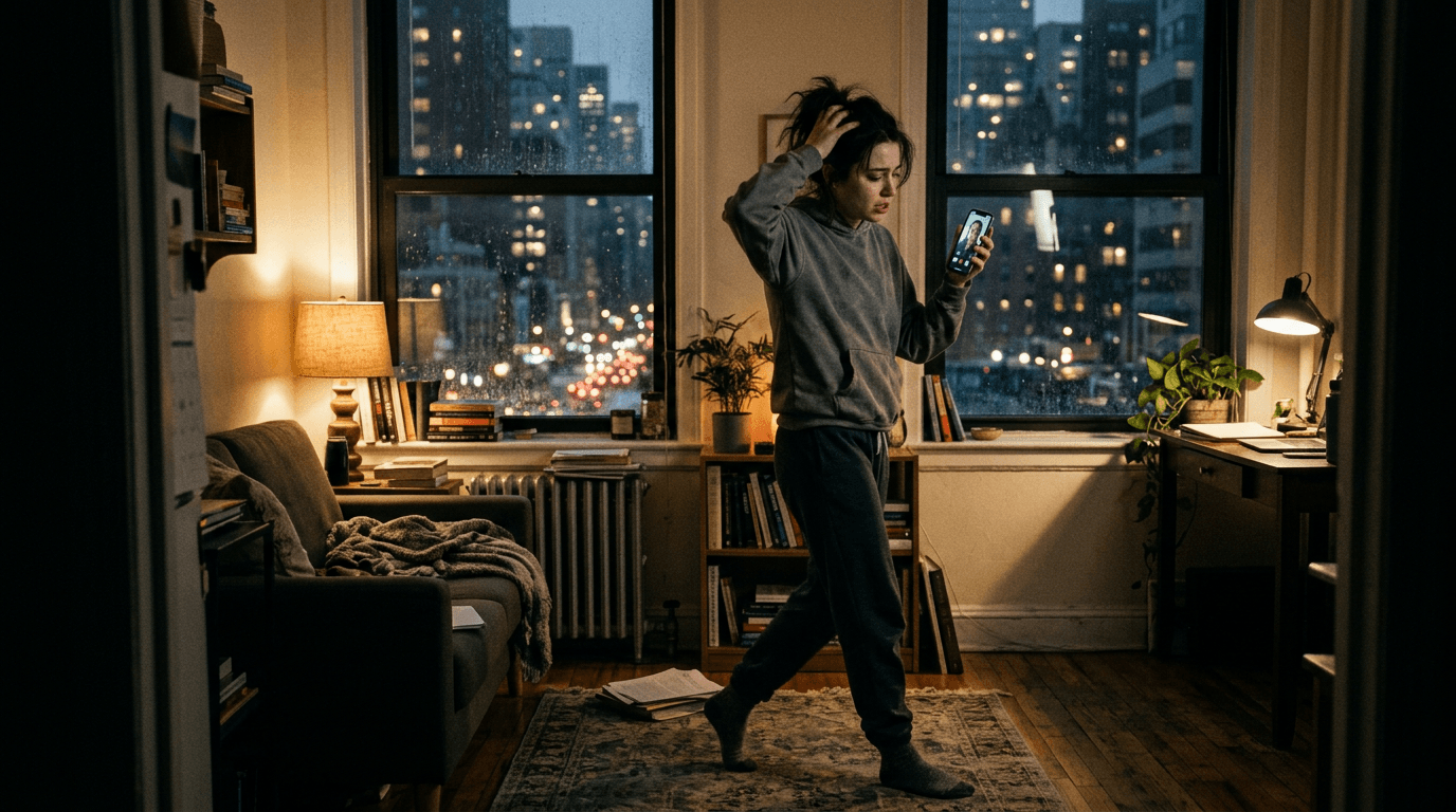 Pacing during a video call; cinematic film still