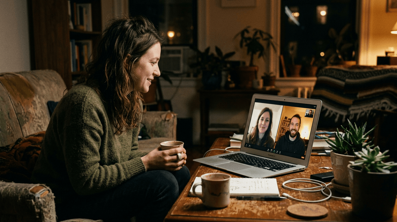 Cinematic 35mm film still: video call on laptop in a lived-in room