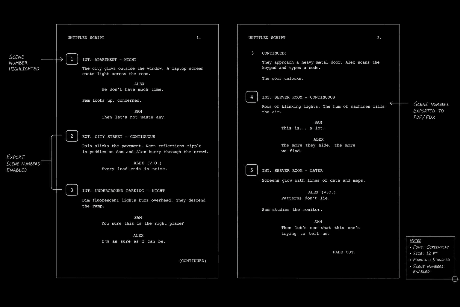 Dark mode technical sketch: writer comparing two printed script pages from different exports with scene numbers highlighted, thin white lines on black