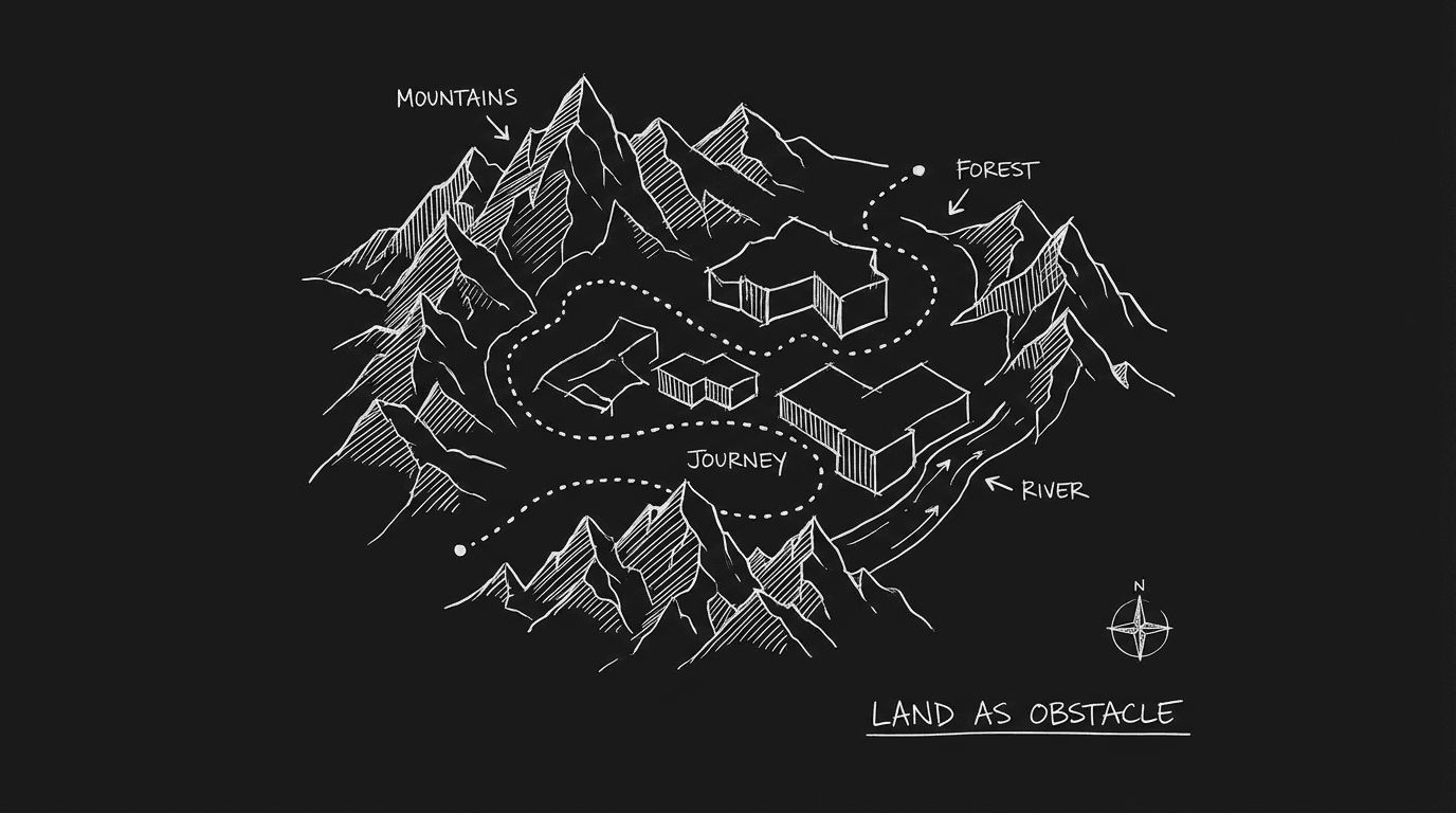 Journey through land; land as obstacle; dark mode technical sketch