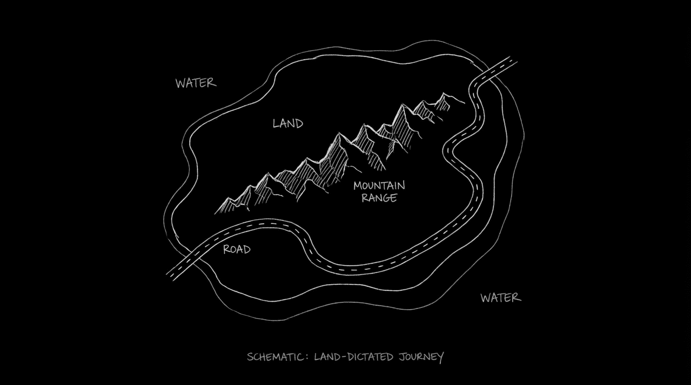 Fantasy map: land dictates journey; dark mode technical sketch