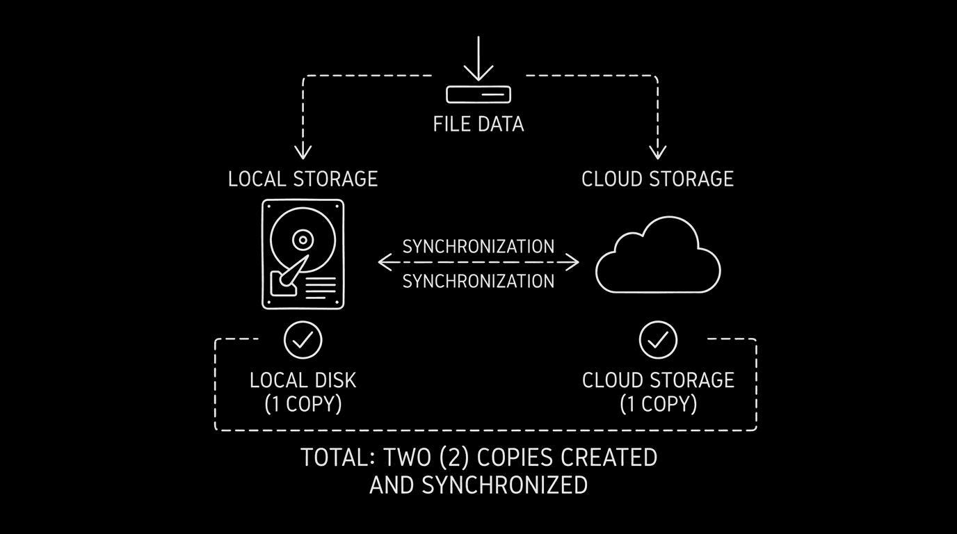 Dark mode technical sketch: two copies—local folder and cloud—with checkmarks; thin white lines on black