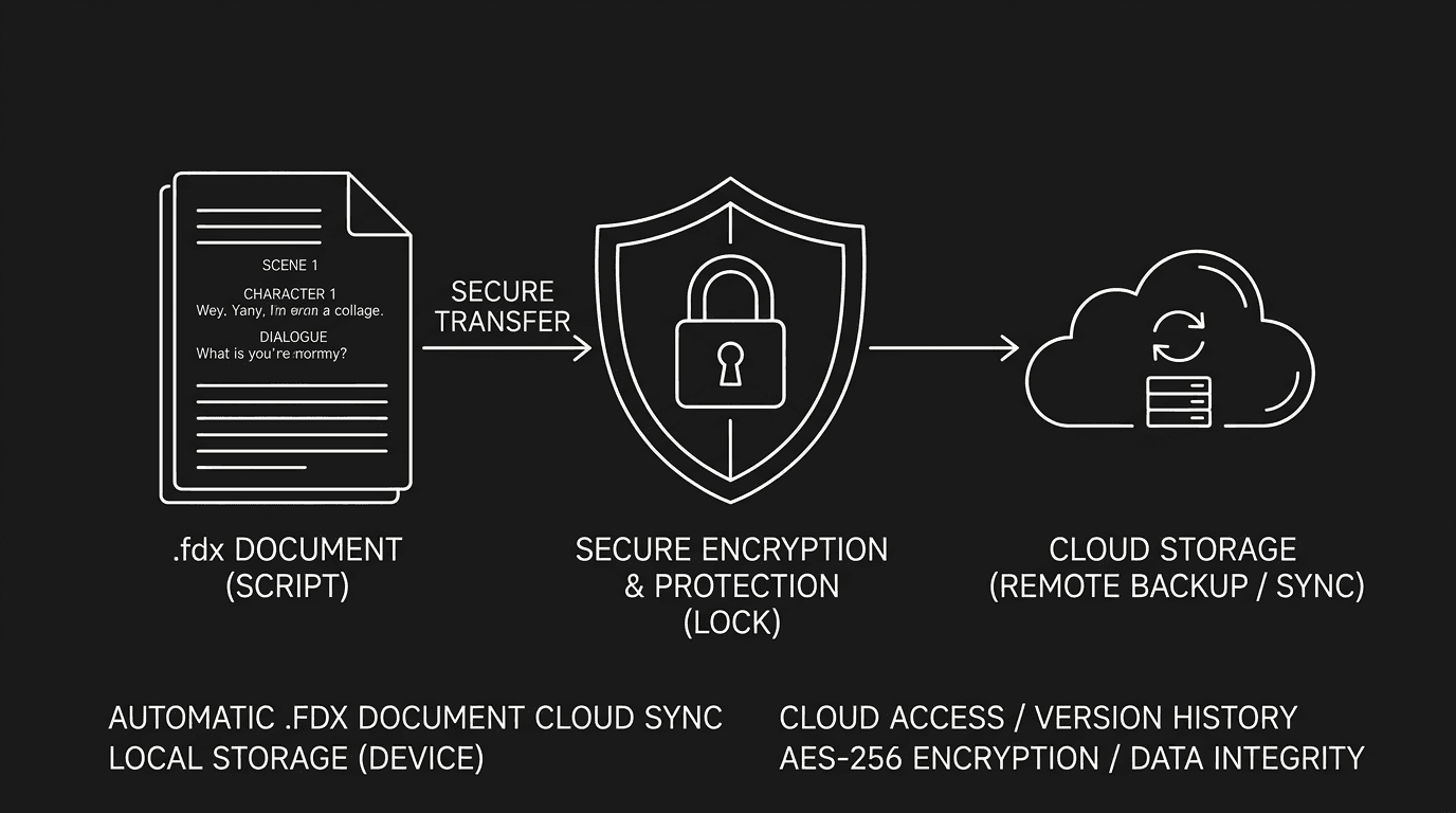 Dark mode technical sketch: .fdx and cloud with shield; protecting your script; thin white lines on black
