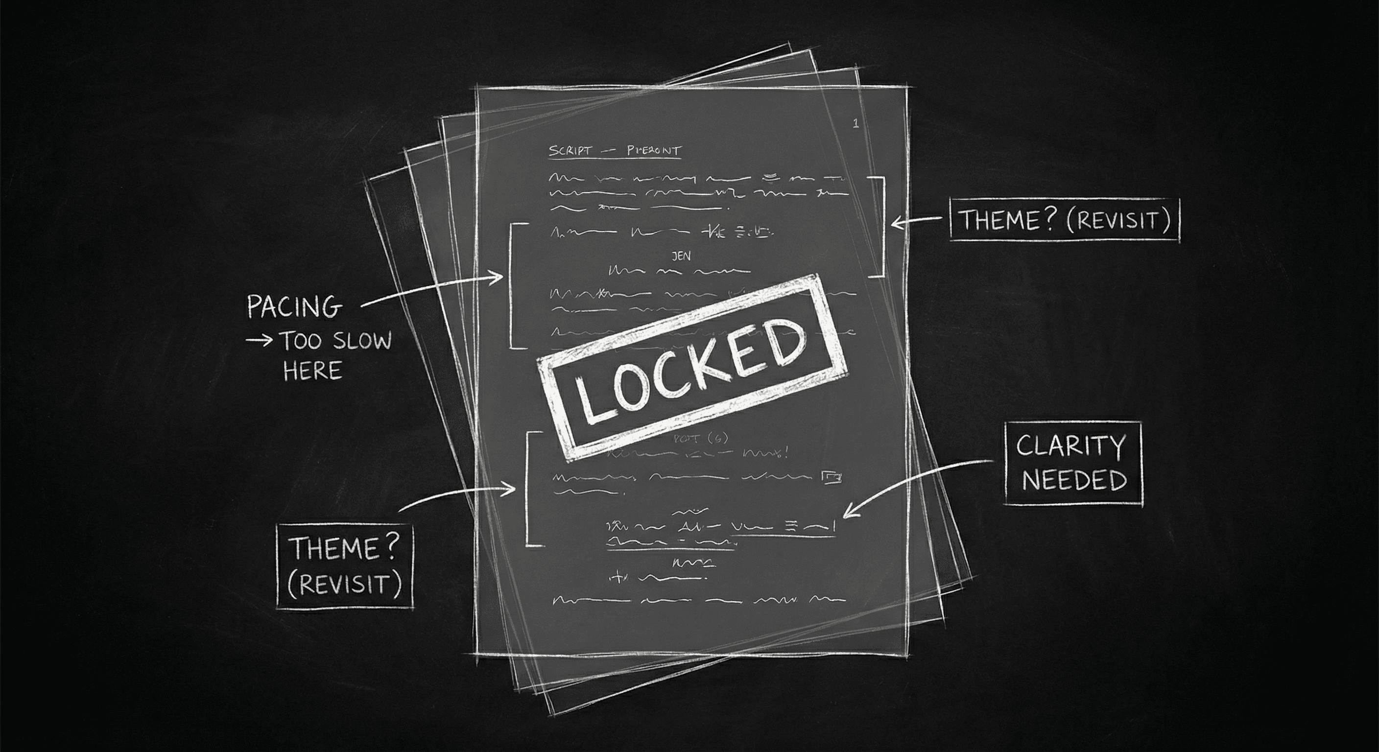 Script pages with margin notes and Locked stamp; dark mode technical sketch