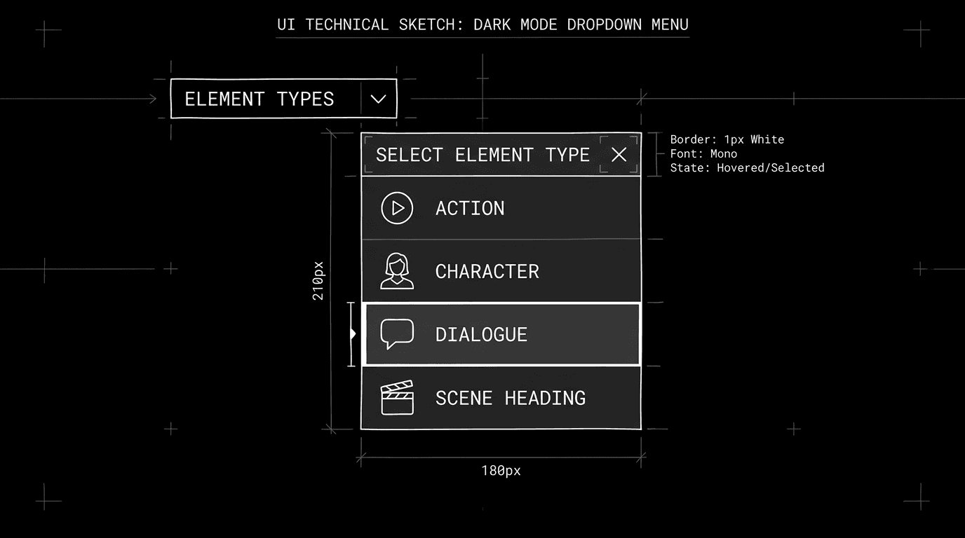 Dark mode technical sketch: paragraph menu open; Action / Character / Dialogue options; thin white lines on black