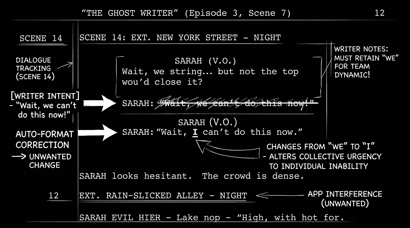 Dark mode technical sketch: script with auto-format overwriting intent; undo; thin white lines on black