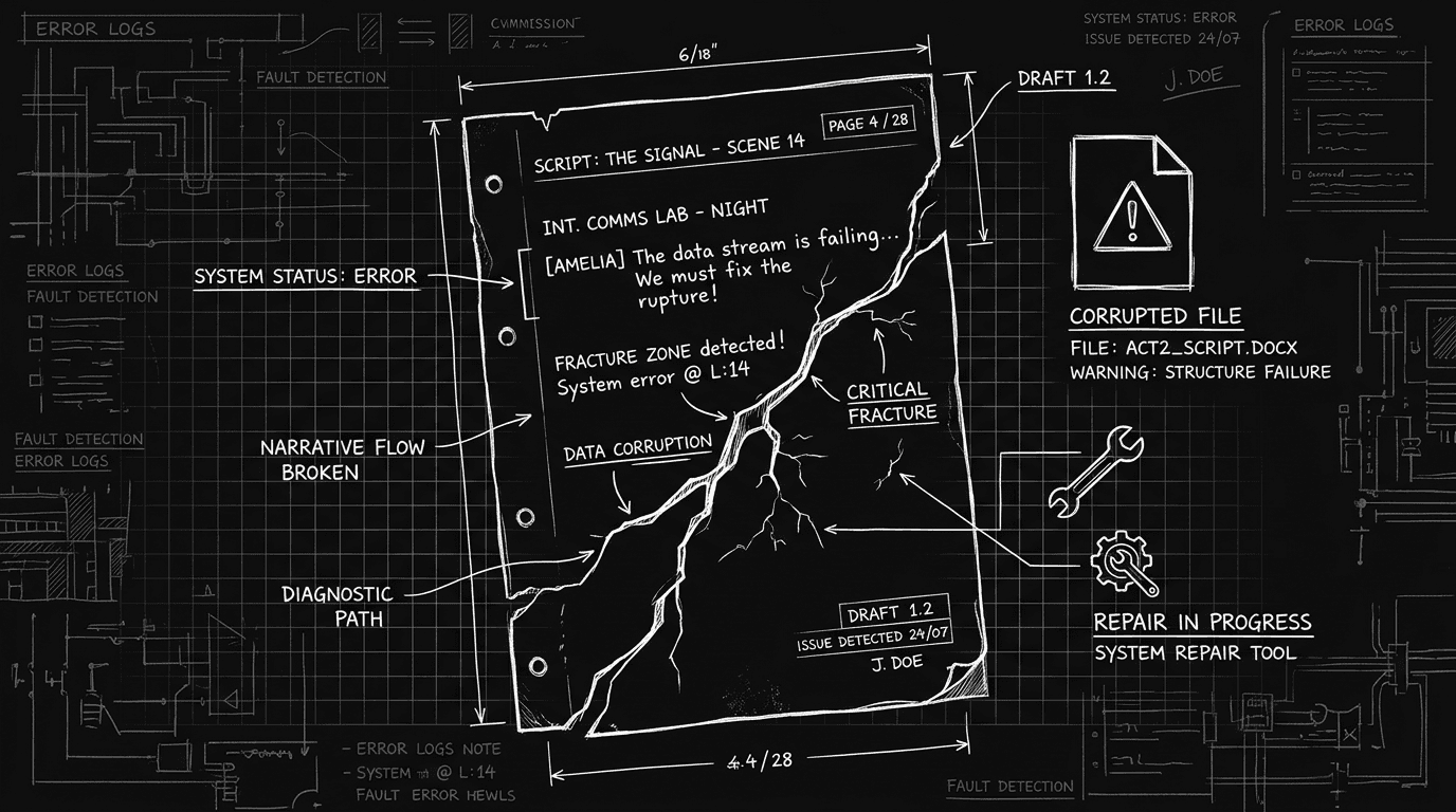 Dark mode technical sketch: fractured script page with repair tools; thin white lines on solid black
