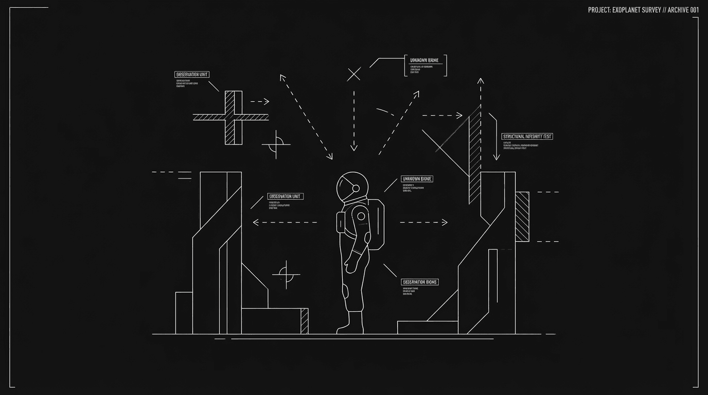 One figure, unfamiliar world; dark mode technical sketch