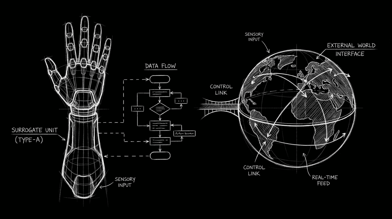 Surrogate and world; dark mode technical sketch