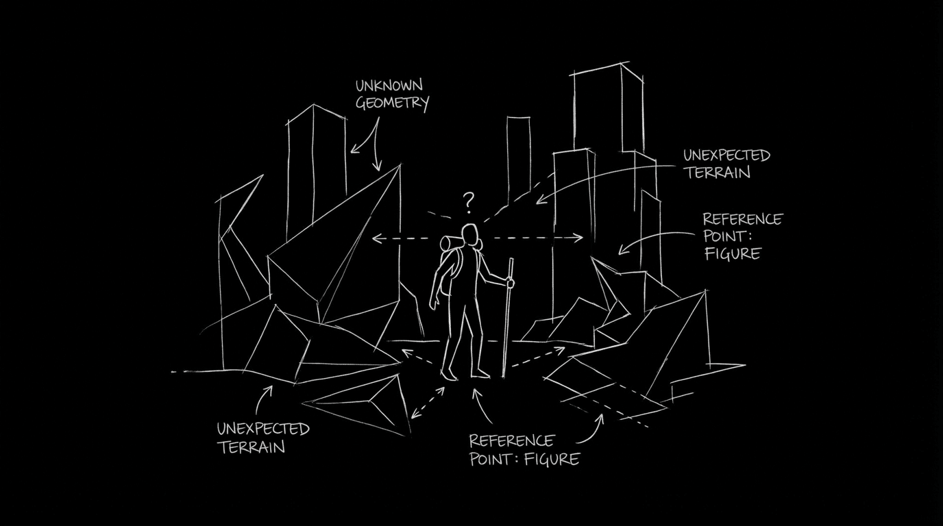 Fish out of water: one figure in wrong landscape; dark mode technical sketch