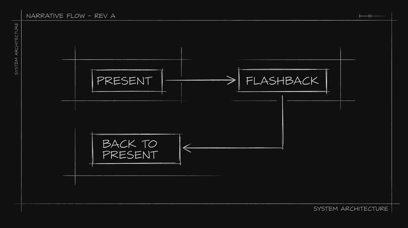 Script: FLASHBACK / BACK TO PRESENT; dark mode technical sketch