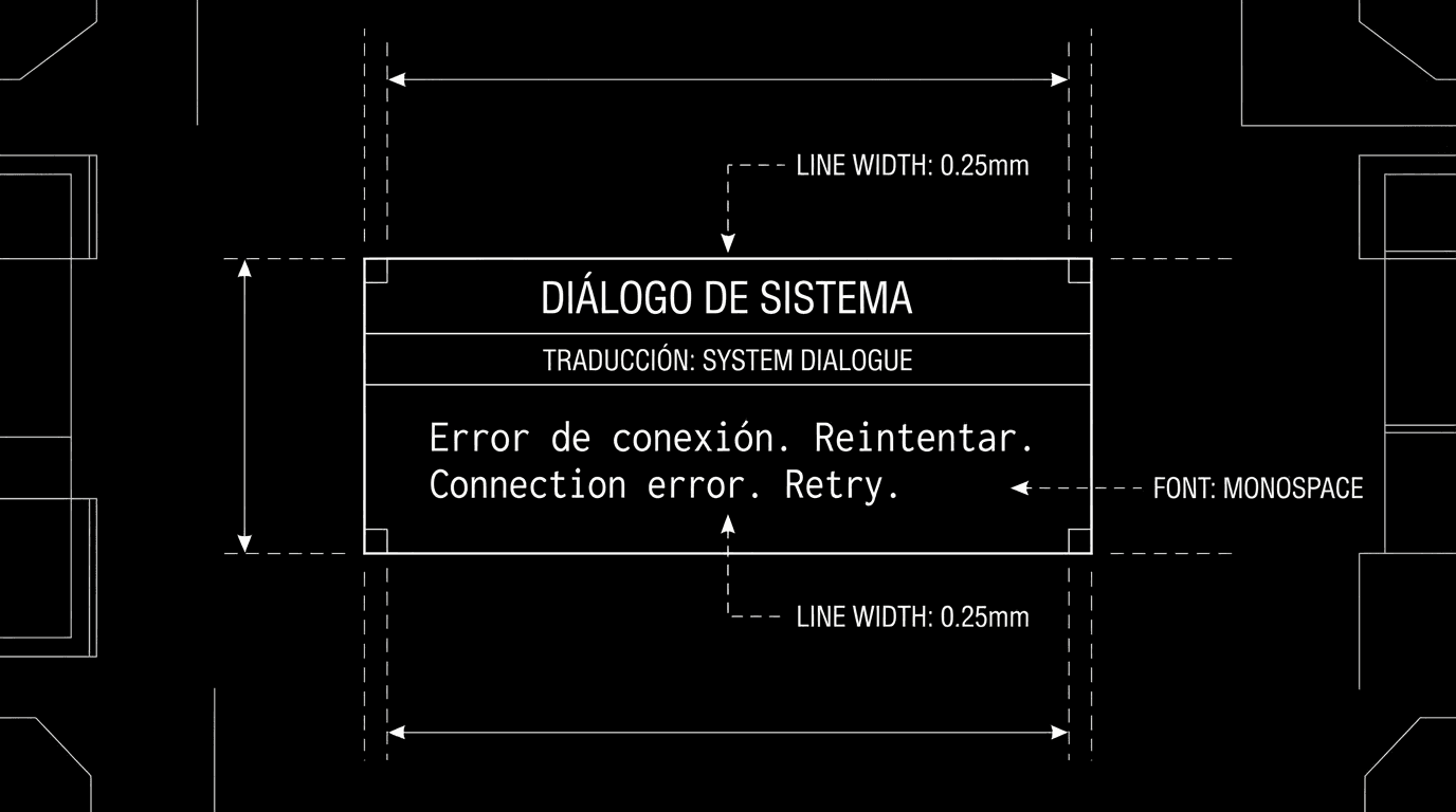 Dialogue block: (IN SPANISH) and translation; dark mode technical sketch