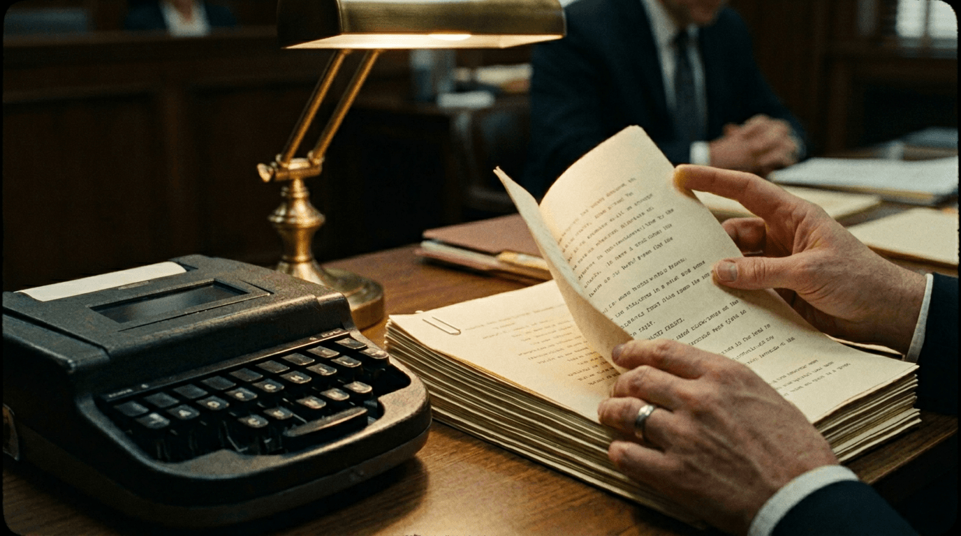 Transcript pages and steno; cinematic film still