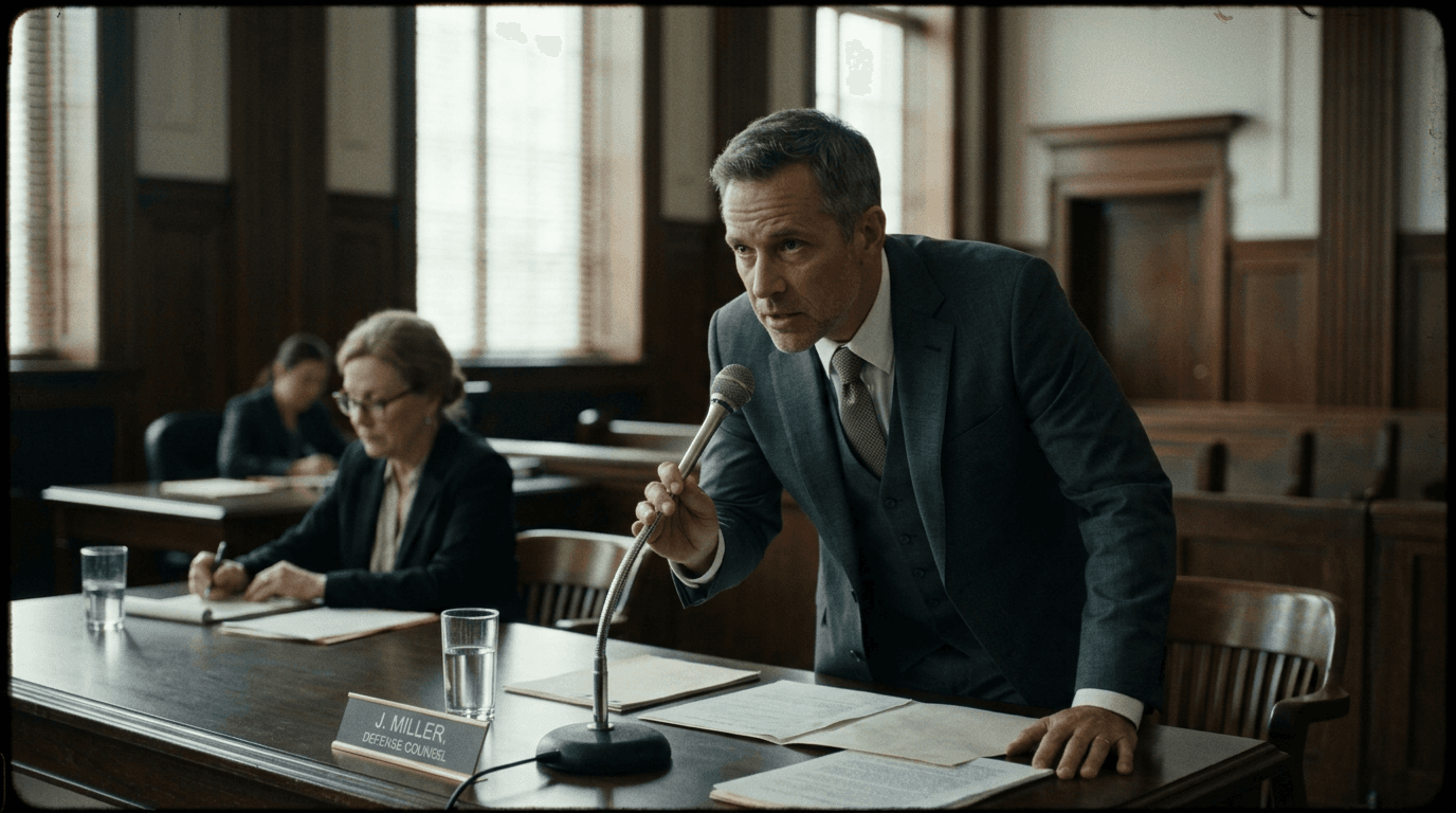 Lawyer at courtroom microphone; cinematic film still