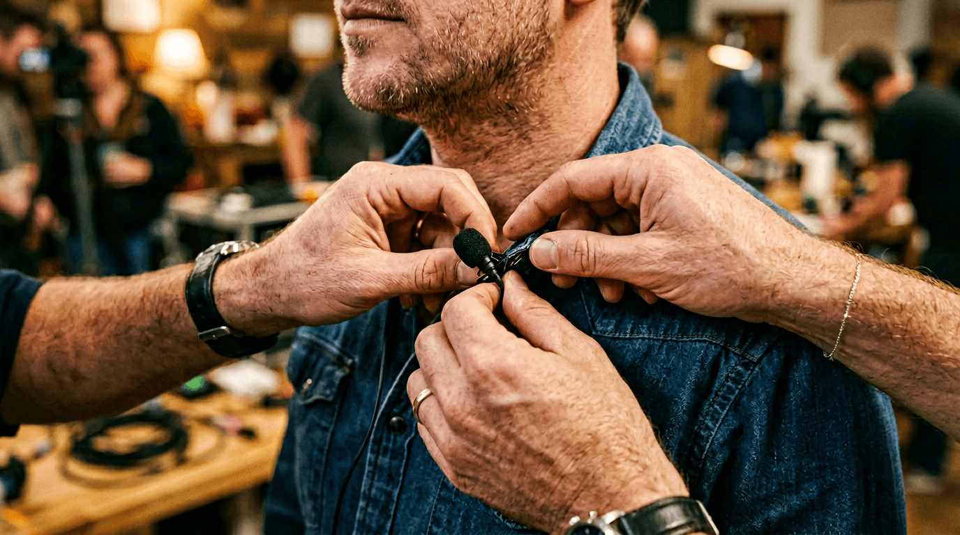 Lavalier mic being clipped; cinematic film still