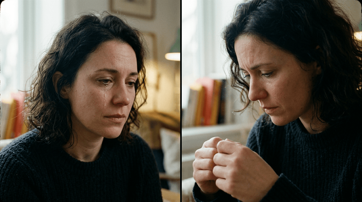 Interview subject in window light; cinematic film still