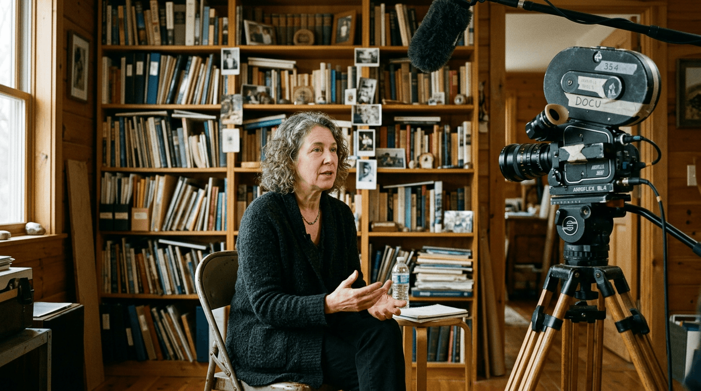 Cinematic 35mm film still: documentary interview setup with camera