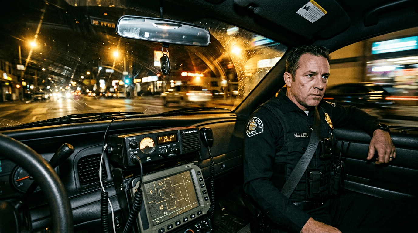 Cinematic 35mm film still: patrol car interior at night with radio