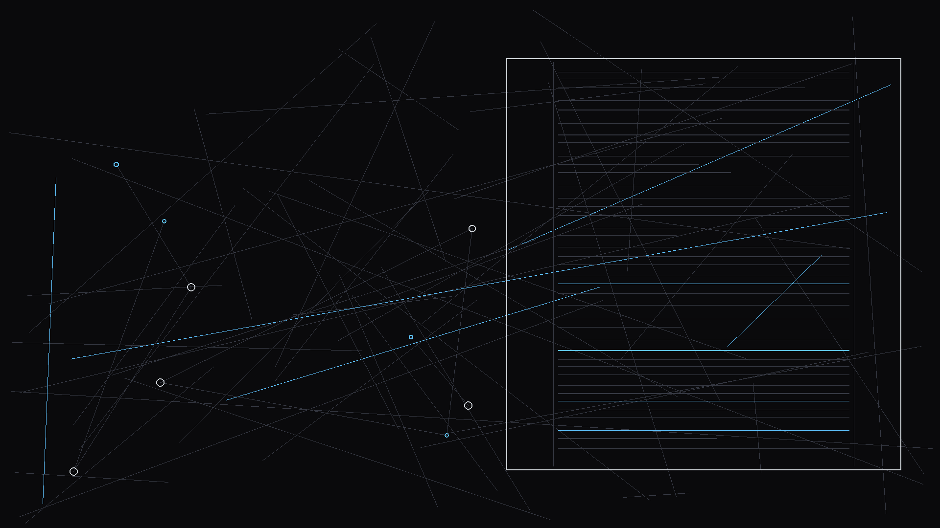 A script page showing alien language dialogue with universal translator; dark mode technical sketch, thin white lines on black background