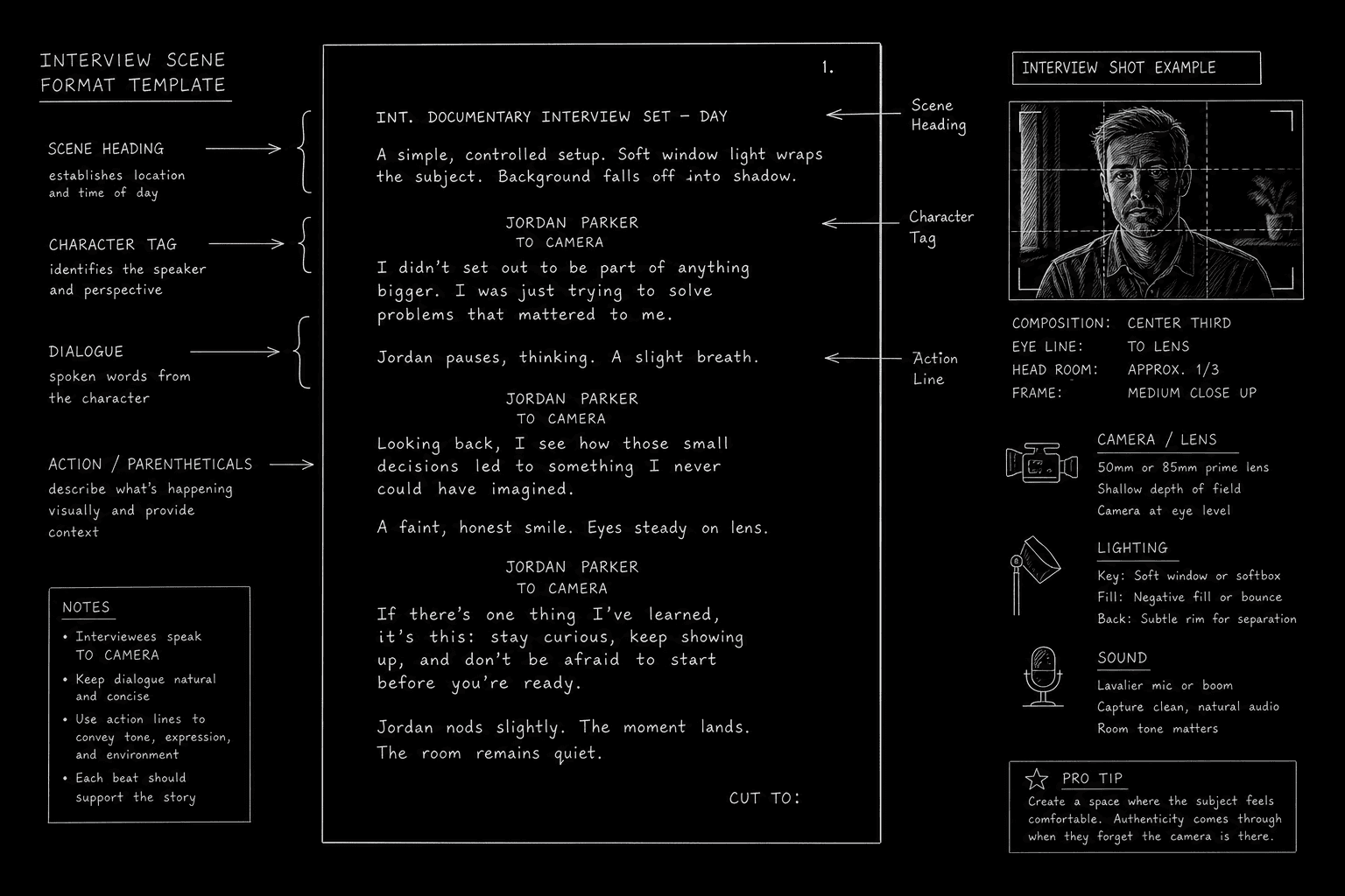 Mockumentary interview slug pattern with TO CAMERA tags; dark mode technical sketch