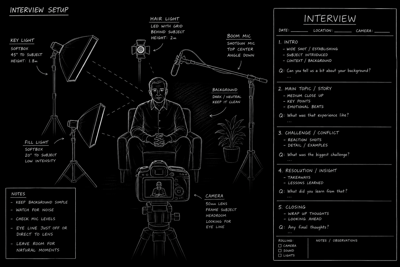 Mockumentary interview format: camera, subject chair, script INTERVIEW block; dark mode technical sketch