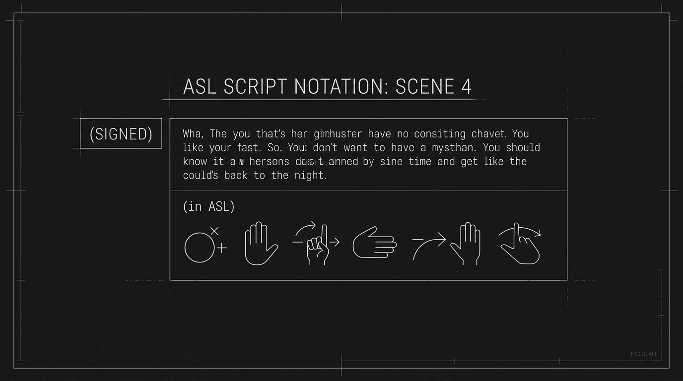 Dark mode technical sketch: script page showing ASL dialogue formatting; thin white lines on black
