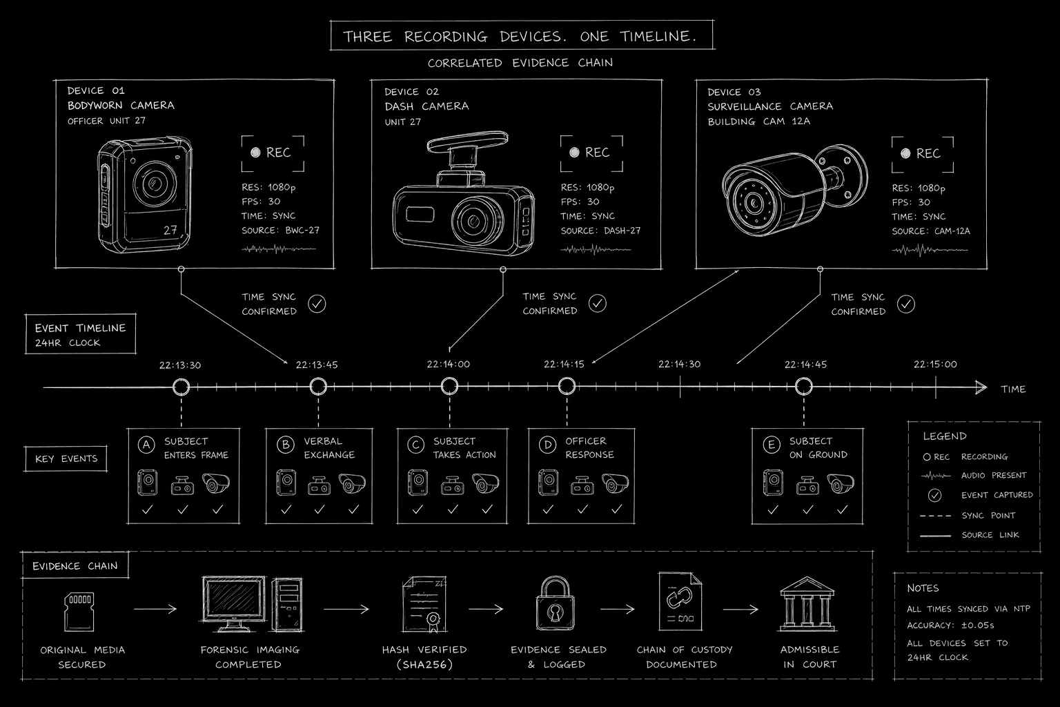 Found footage device map showing phone, security cam, and recovered file nodes; dark mode technical sketch