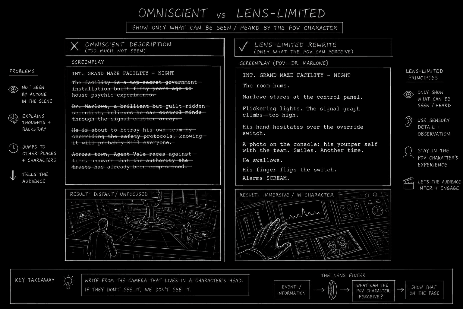 Before and after found footage action line comparison, omniscient vs lens-limited; dark mode technical sketch